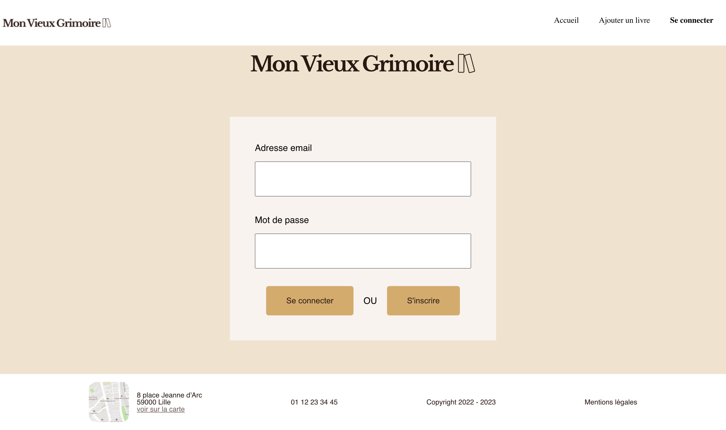 Page de connexion et inscription de Mon vieux grimoire